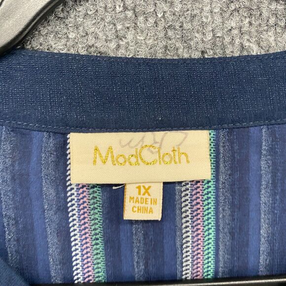 Modcloth Blouse Top Womens 1X Blue Striped Sheer Tunic Popover Beachy Casual - Picture 7 of 10